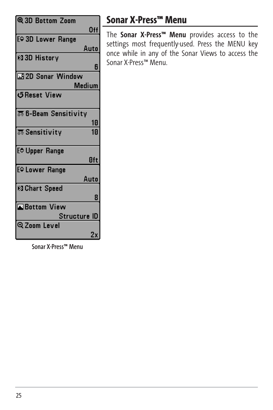 Sonar x-press™ menu | Humminbird 531338-1_C User Manual | Page 30 / 66