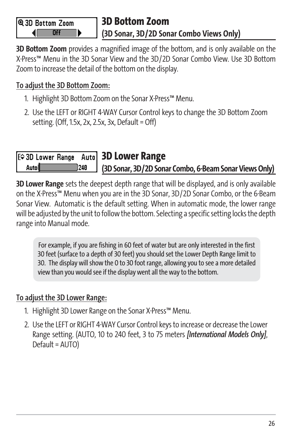 3d bottom zoom, 3d lower range | Humminbird 531338-1_C User Manual | Page 31 / 66