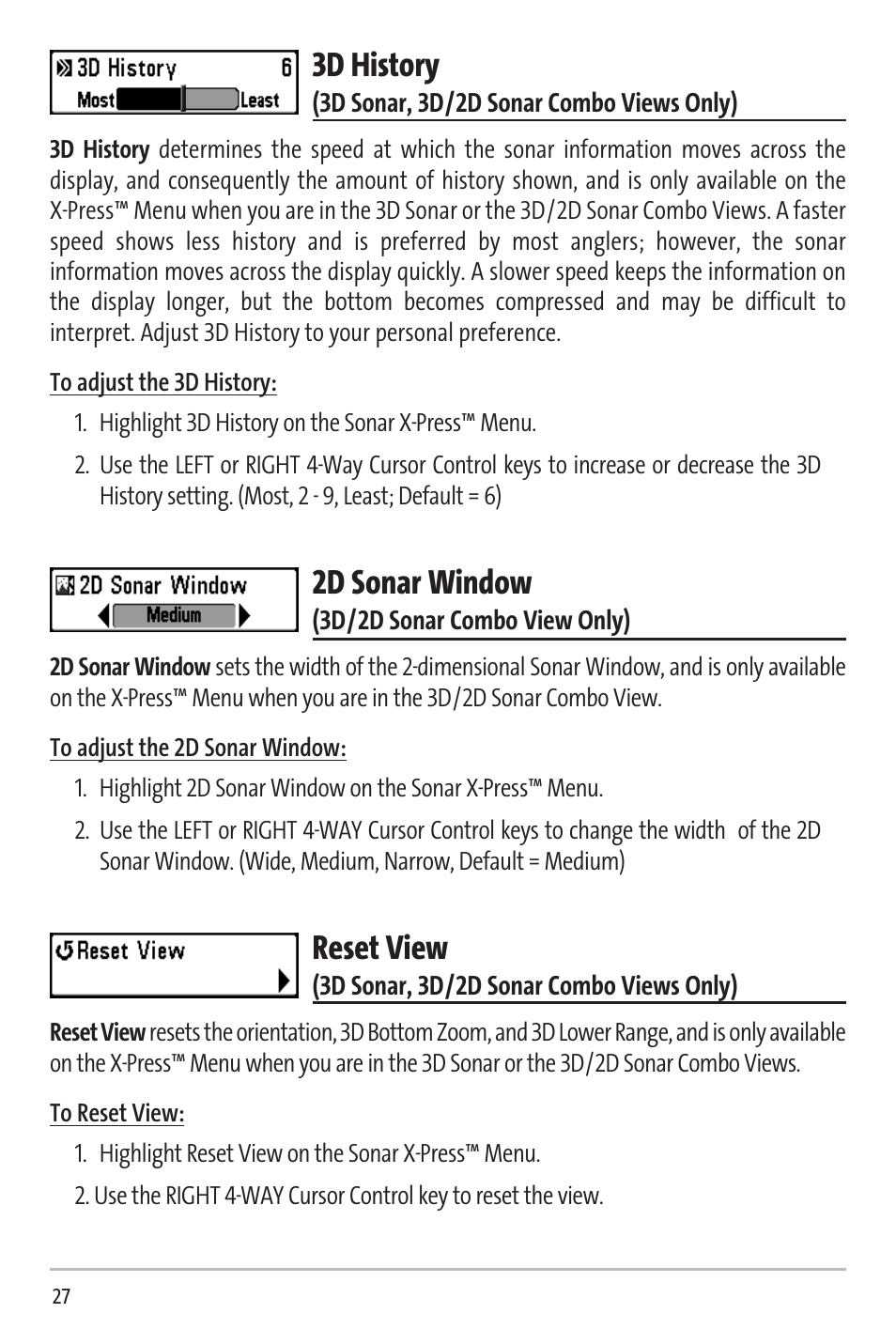 3d history, 2d sonar window, Reset view | Humminbird 531338-1_C User Manual | Page 32 / 66