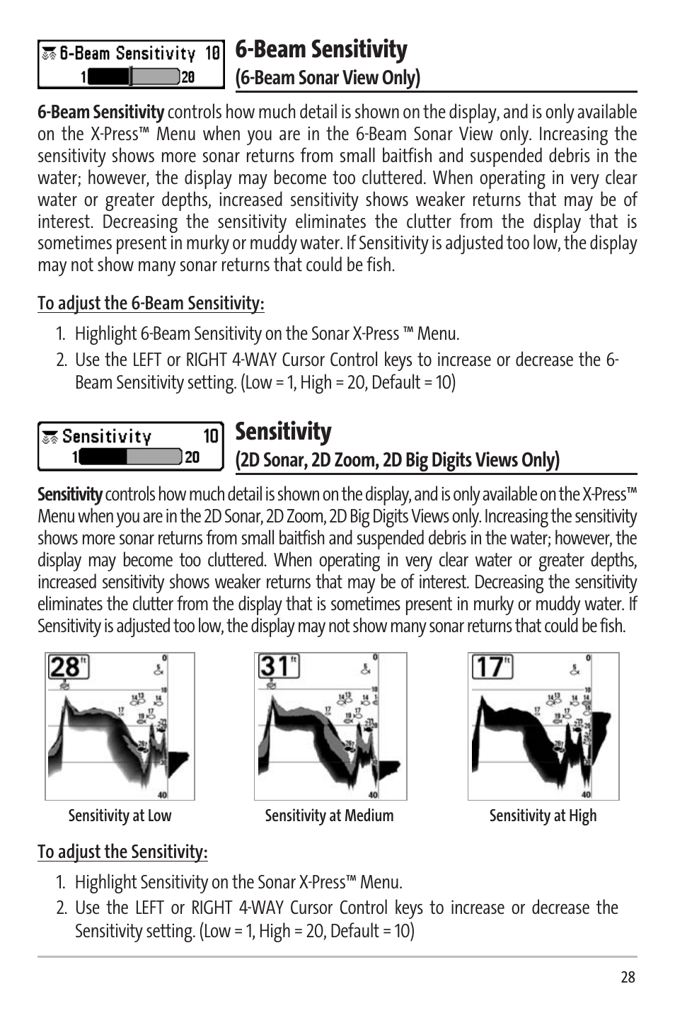 Beam sensitivity, Sensitivity | Humminbird 531338-1_C User Manual | Page 33 / 66