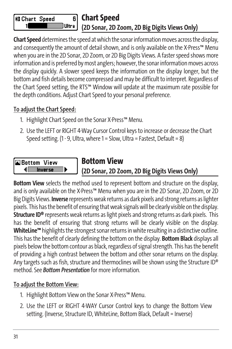 Chart speed, Bottom view | Humminbird 531338-1_C User Manual | Page 36 / 66