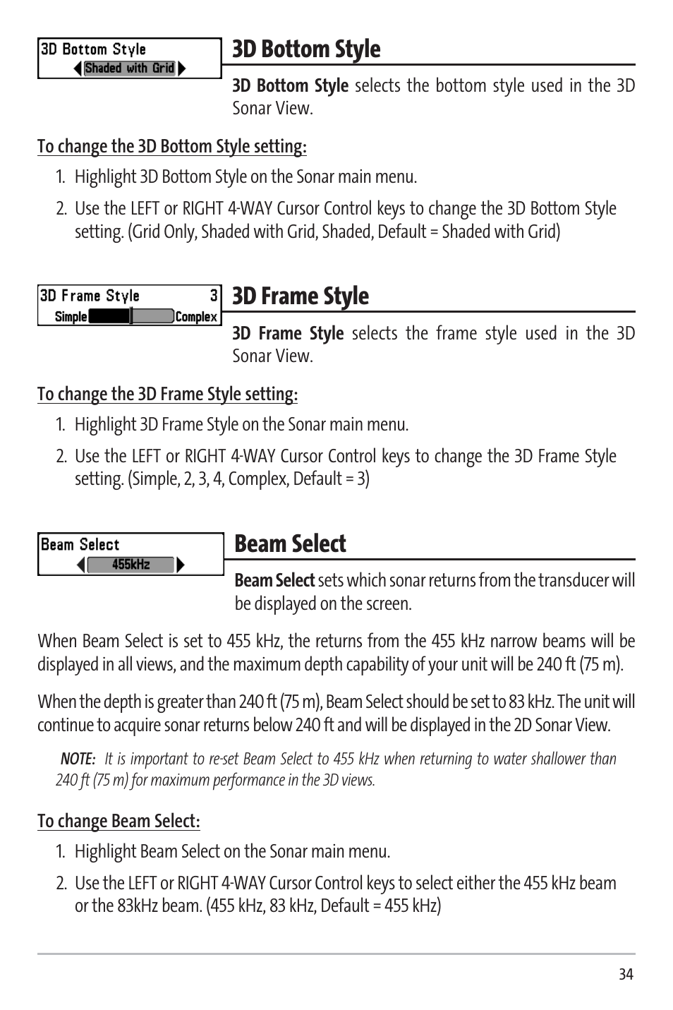 3d bottom style, 3d frame style, Beam select | Humminbird 531338-1_C User Manual | Page 39 / 66