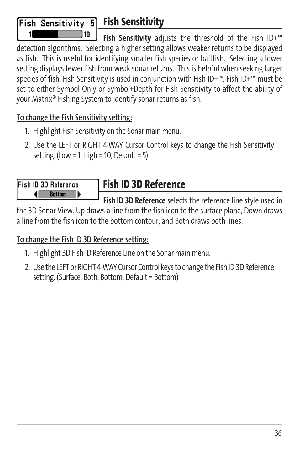 Fish sensitivity, Fish id 3d reference | Humminbird 531338-1_C User Manual | Page 41 / 66