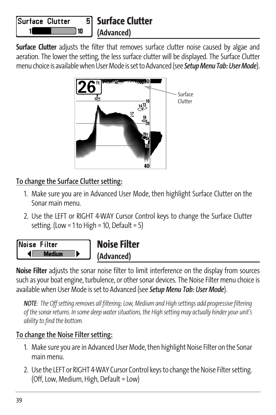 Surface clutter, Noise filter | Humminbird 531338-1_C User Manual | Page 44 / 66