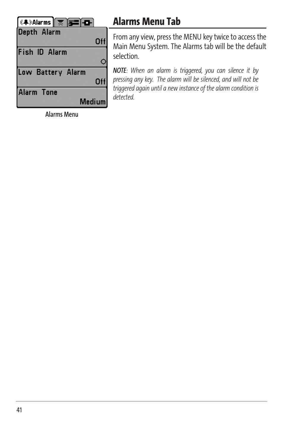 Alarms menu tab | Humminbird 531338-1_C User Manual | Page 46 / 66