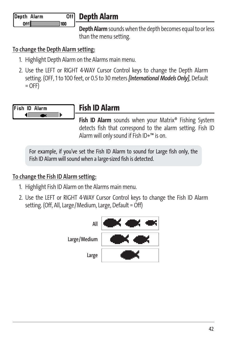 Depth alarm, Fish id alarm | Humminbird 531338-1_C User Manual | Page 47 / 66