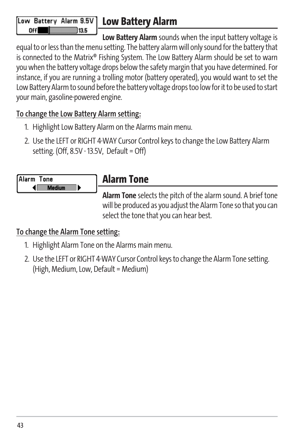 Low battery alarm, Alarm tone | Humminbird 531338-1_C User Manual | Page 48 / 66