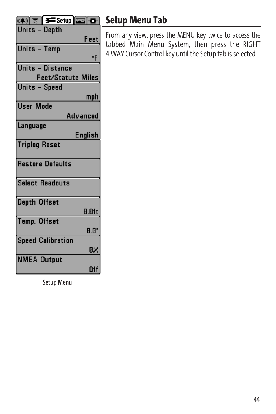 Setup menu tab | Humminbird 531338-1_C User Manual | Page 49 / 66