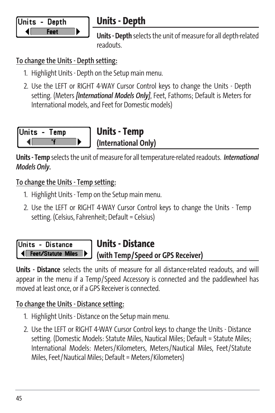 Units - depth, Units - temp, Units - distance | Humminbird 531338-1_C User Manual | Page 50 / 66