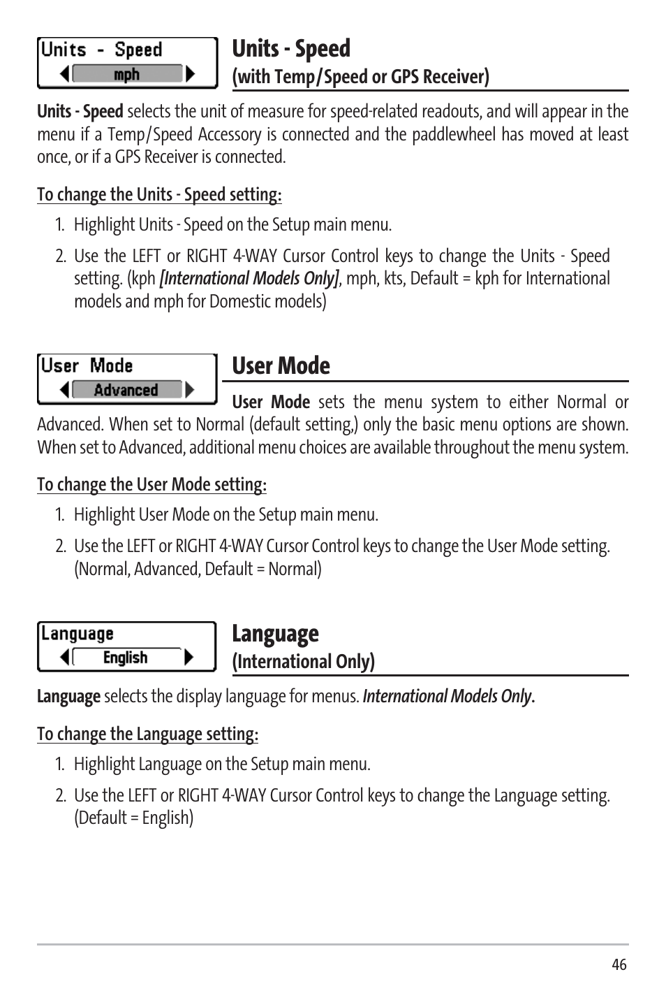 Units - speed, User mode, Language | Humminbird 531338-1_C User Manual | Page 51 / 66