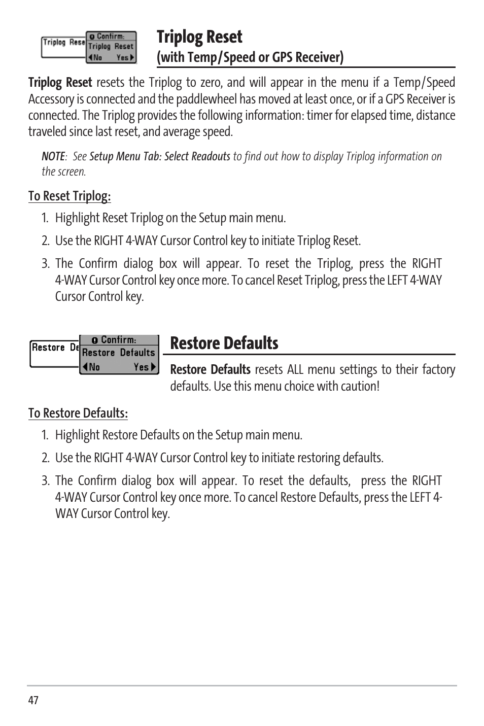 Triplog reset, Restore defaults | Humminbird 531338-1_C User Manual | Page 52 / 66