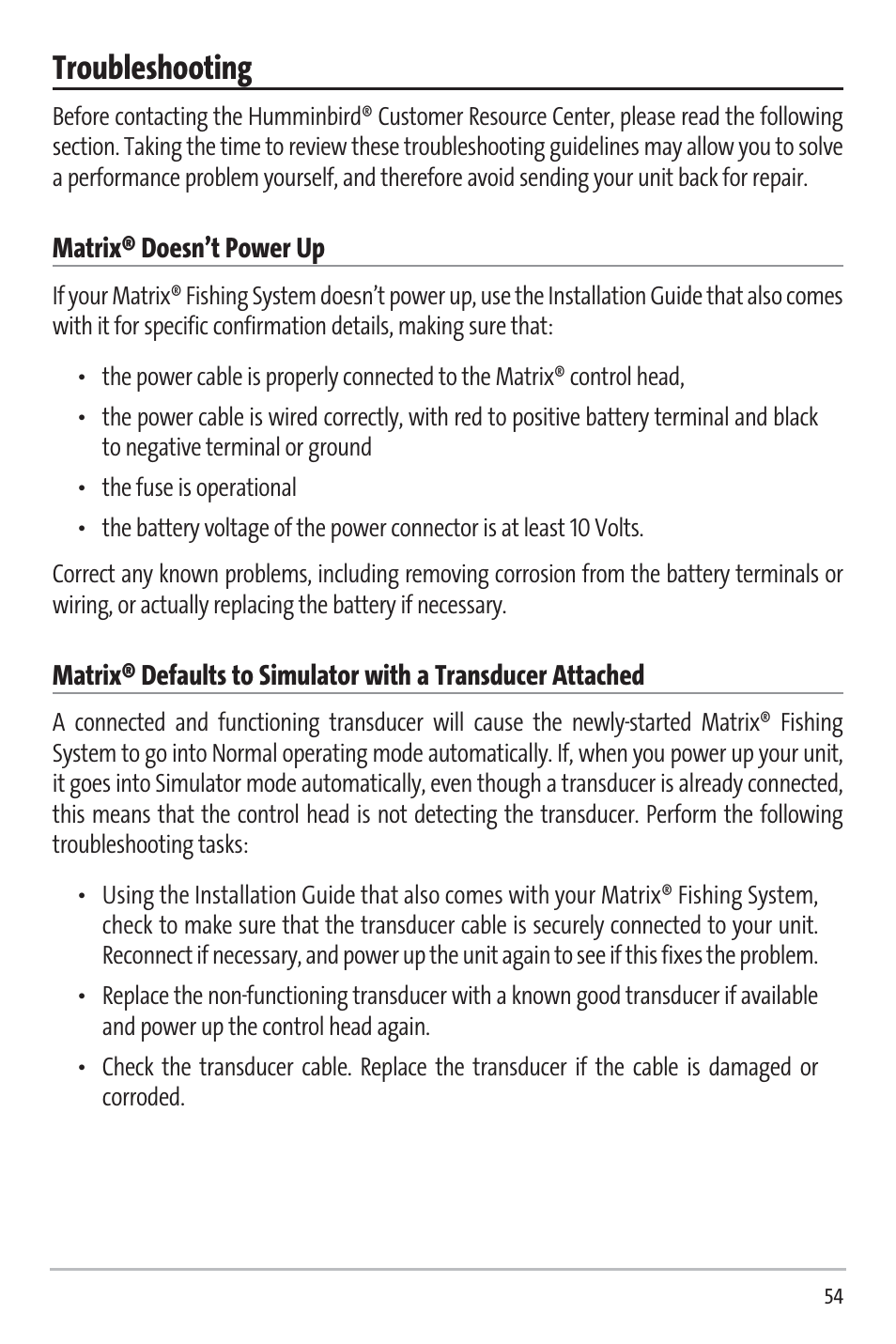 Troubleshooting | Humminbird 531338-1_C User Manual | Page 59 / 66