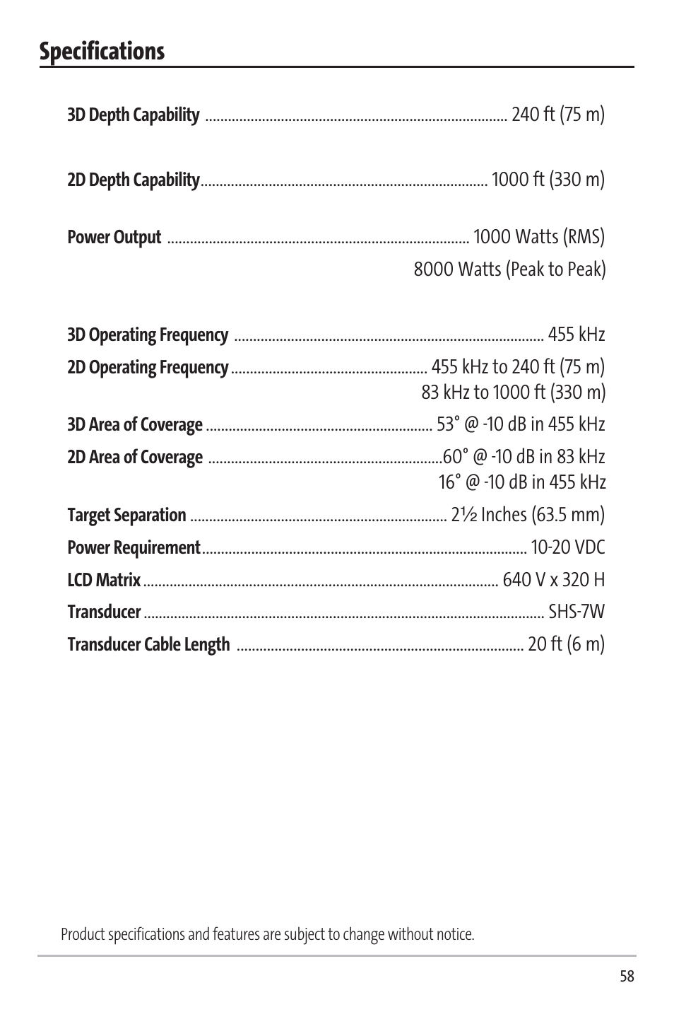 Specifications | Humminbird 531338-1_C User Manual | Page 63 / 66