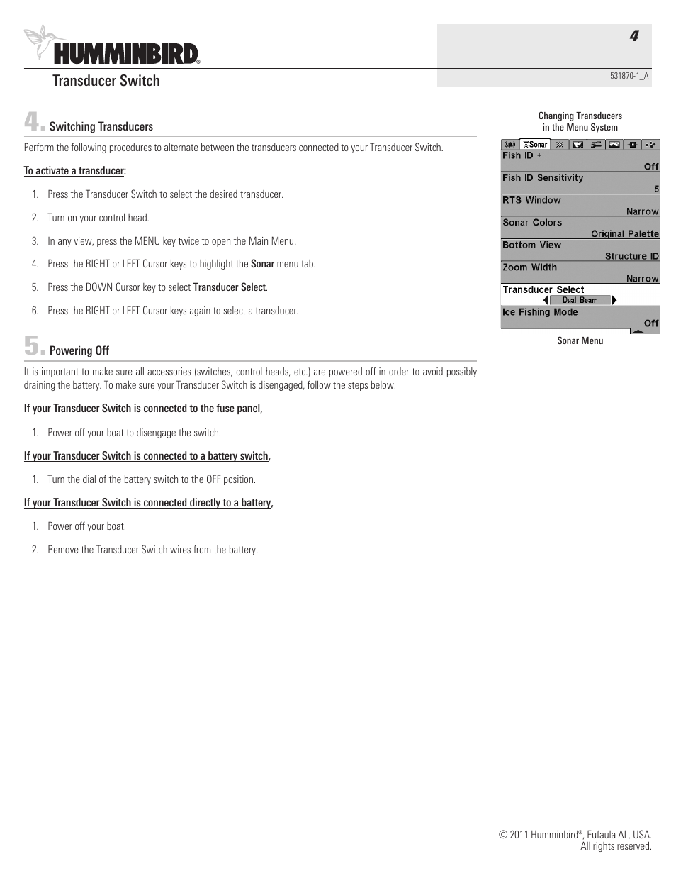 Transducer switch 4 | Humminbird 531870-1_A User Manual | Page 4 / 4