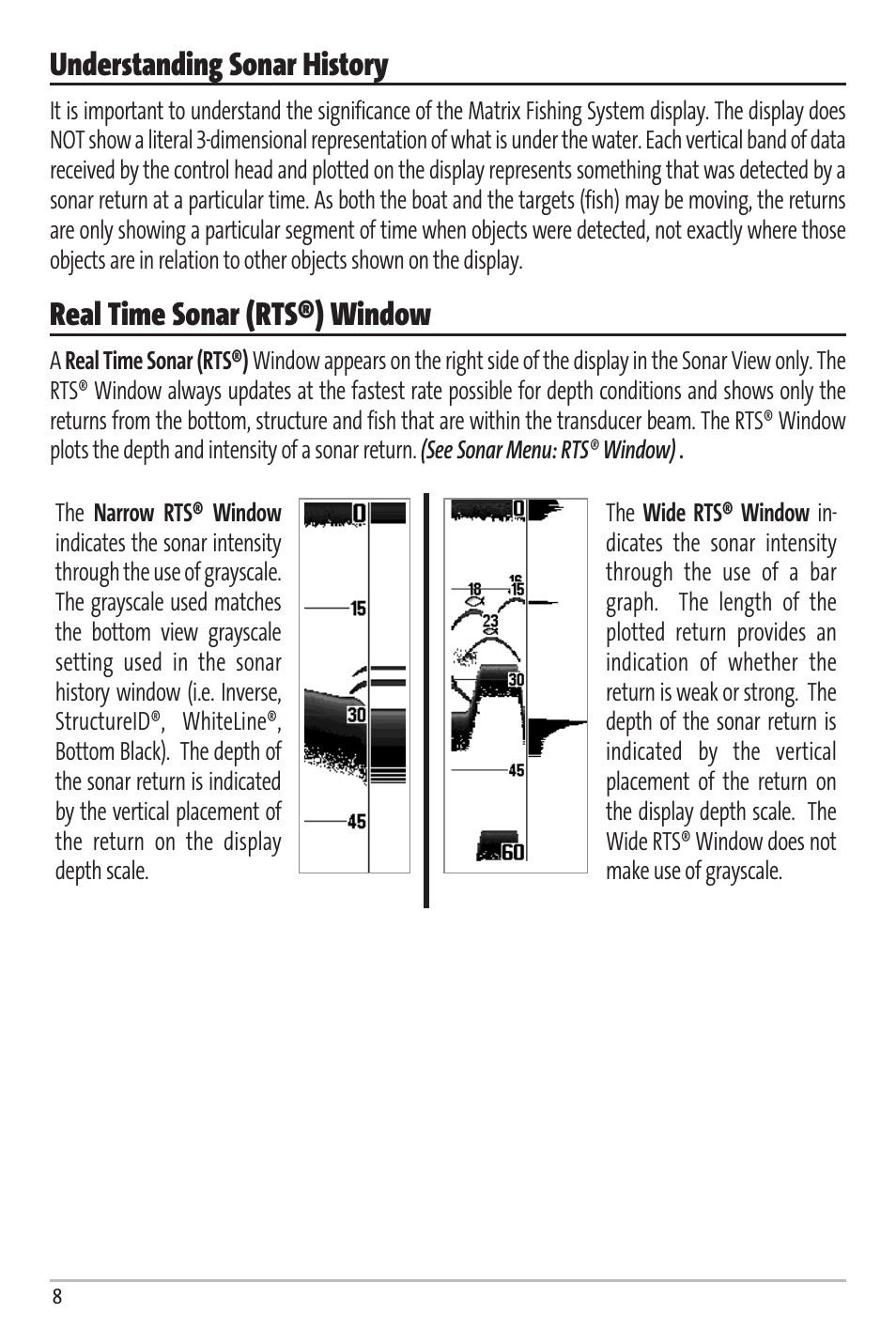 Understanding sonar history, Real time sonar (rts®) window | Humminbird Matrix 67 User Manual | Page 14 / 88