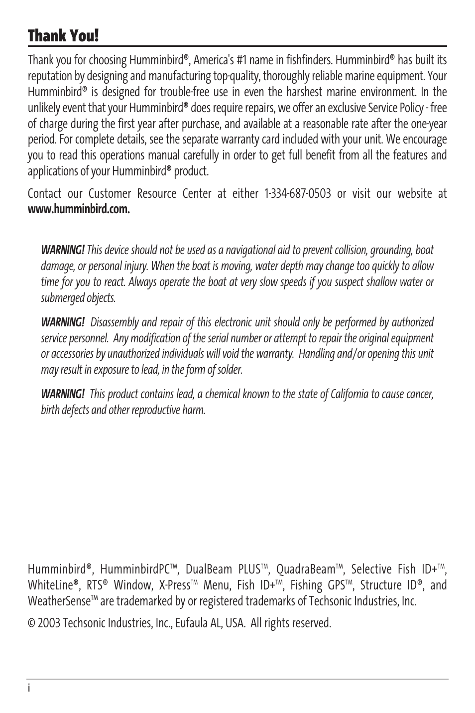 Humminbird®, humminbirdpc, Dualbeam plus, Quadrabeam | Selective fish id, Whiteline®, rts® window, x-press, Menu, fish id, Fishing gps, Structure id®, and weathersense | Humminbird Matrix 67 User Manual | Page 2 / 88