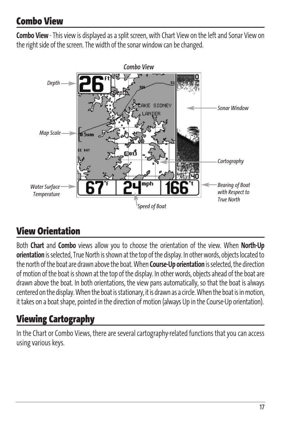 Combo view, View orientation, Viewing cartography | Humminbird Matrix 67 User Manual | Page 23 / 88