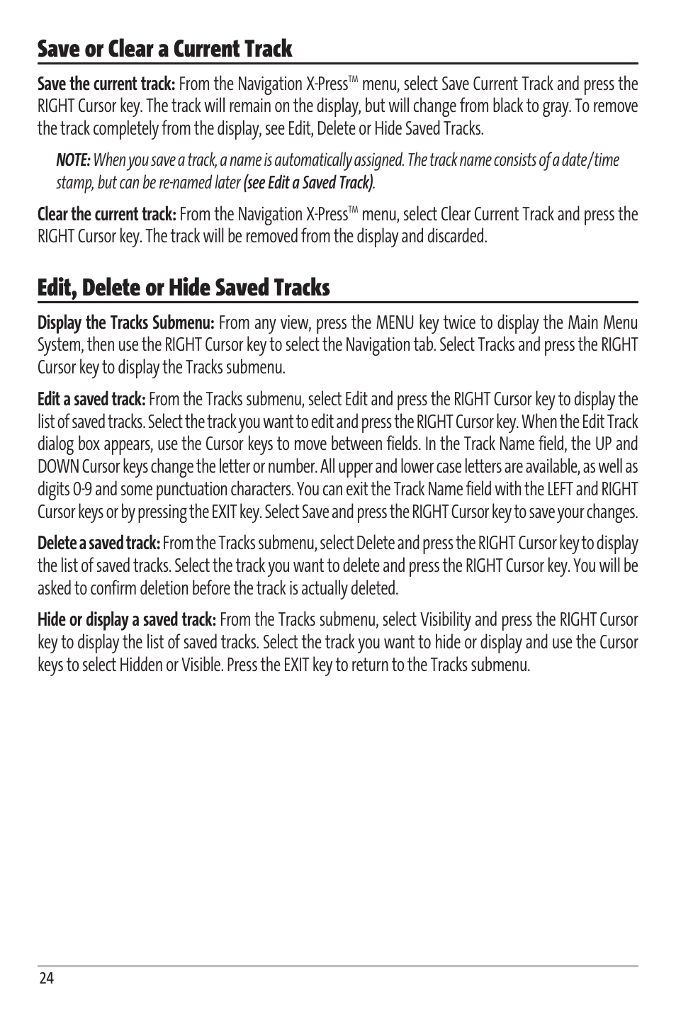 Save or clear a current track, Edit, delete or hide saved tracks | Humminbird Matrix 67 User Manual | Page 30 / 88