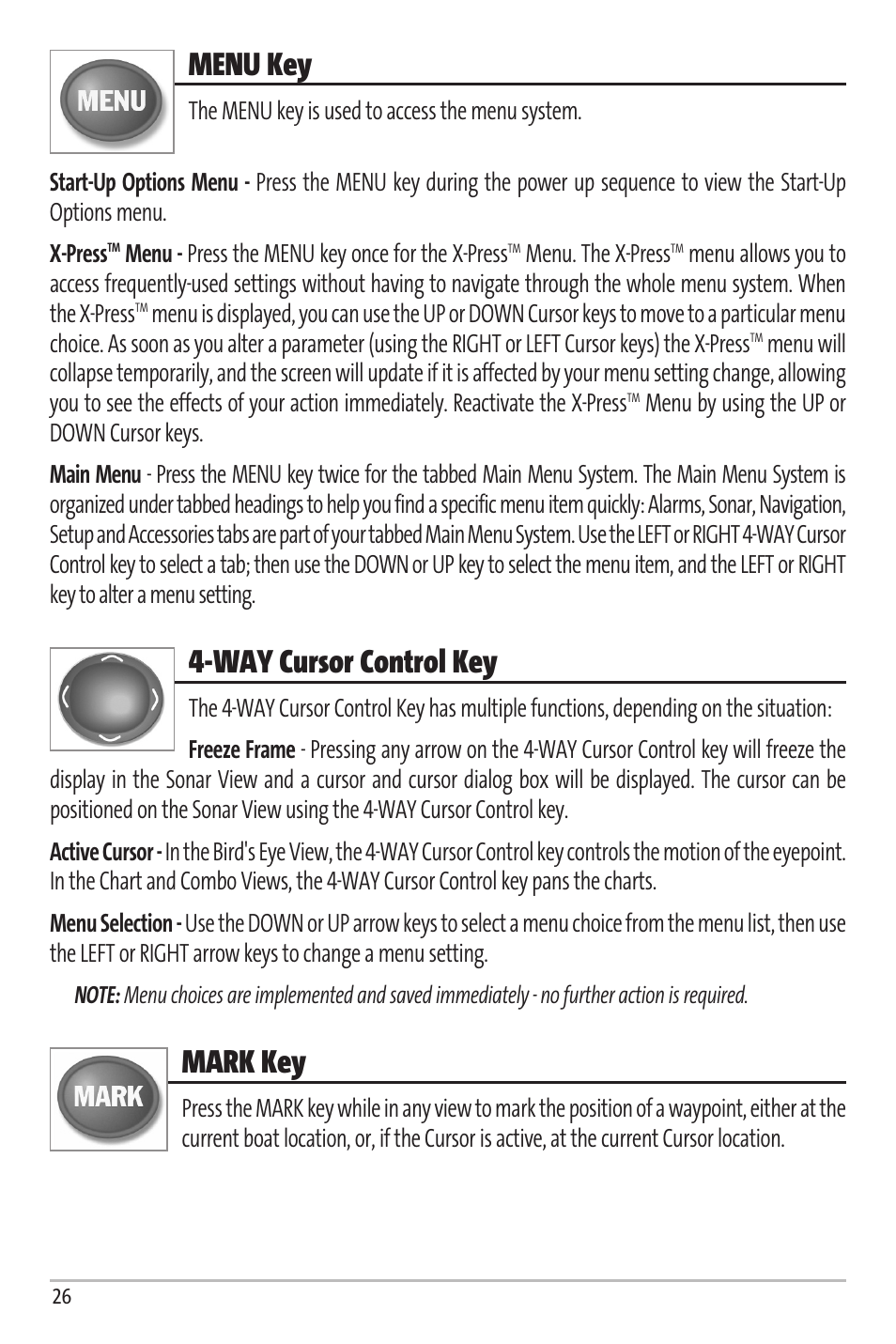 Menu key, Way cursor control key, Mark key | Humminbird Matrix 67 User Manual | Page 32 / 88