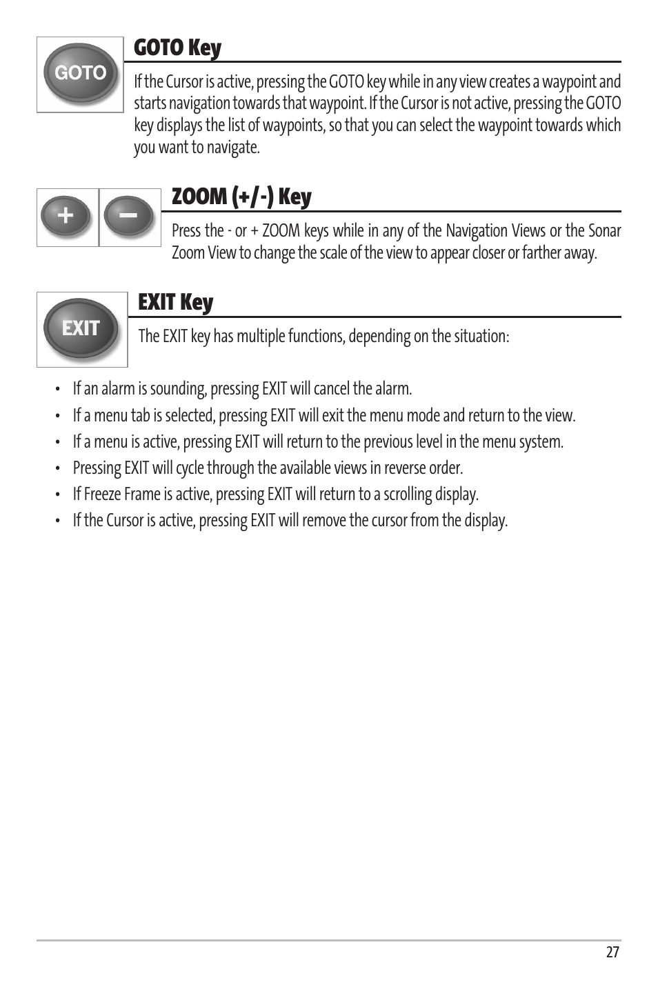 Goto key, Zoom (+/-) key, Exit key | Humminbird Matrix 67 User Manual | Page 33 / 88