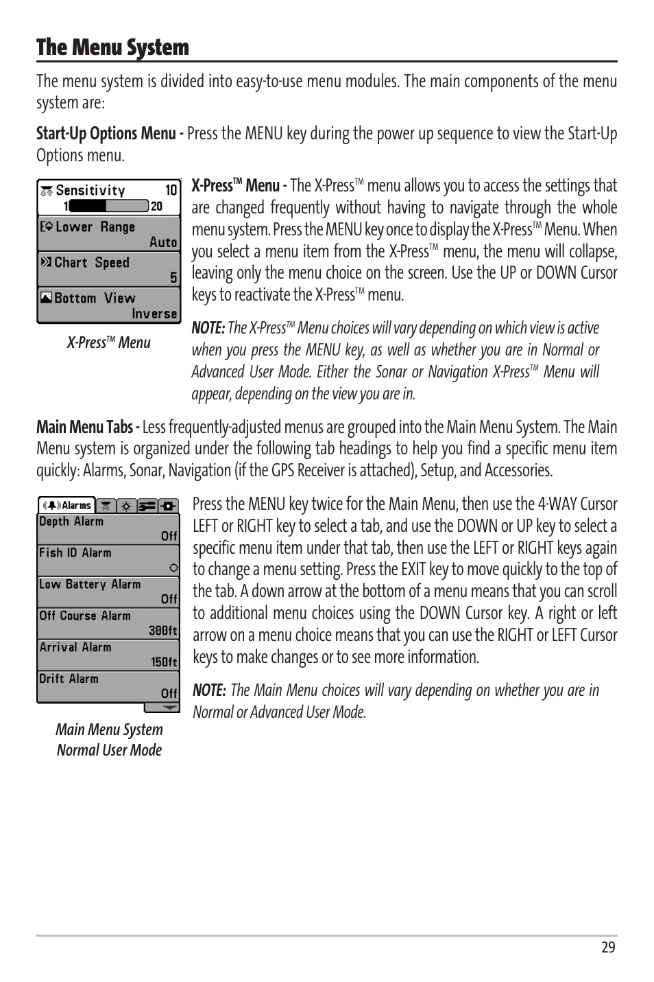 The menu system, Menu - the x-press, Menu. when you select a menu item from the x-press | Menu | Humminbird Matrix 67 User Manual | Page 35 / 88