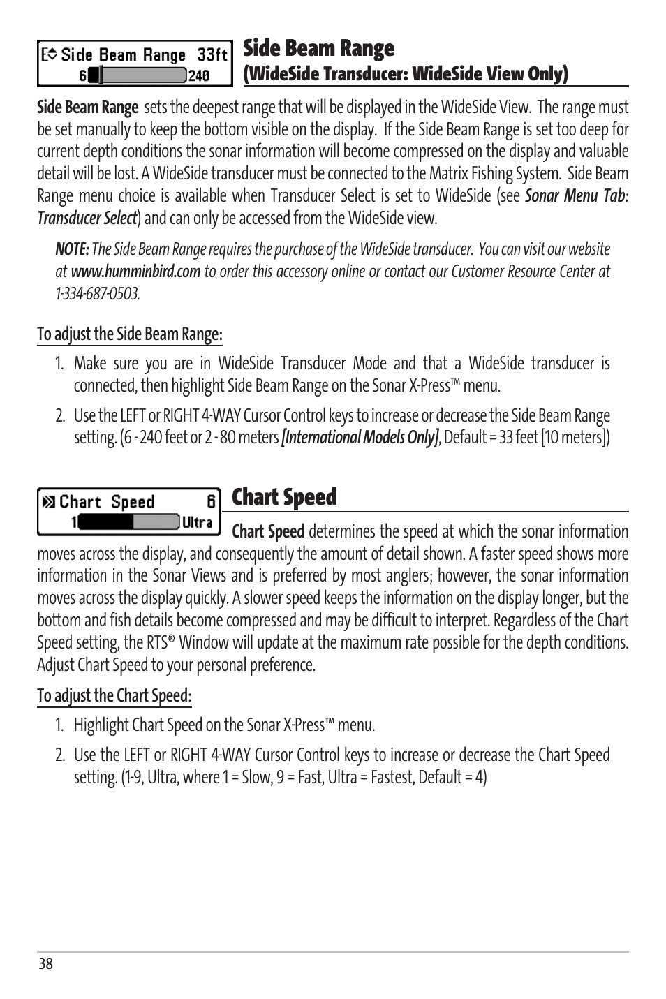 Side beam range, Chart speed | Humminbird Matrix 67 User Manual | Page 44 / 88