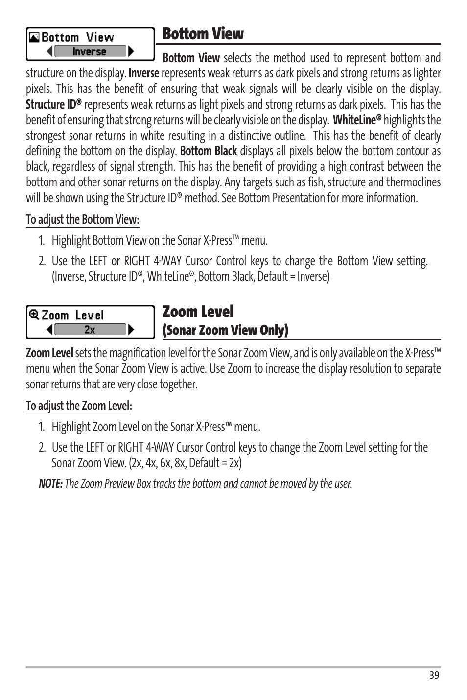 Bottom view, Zoom level | Humminbird Matrix 67 User Manual | Page 45 / 88