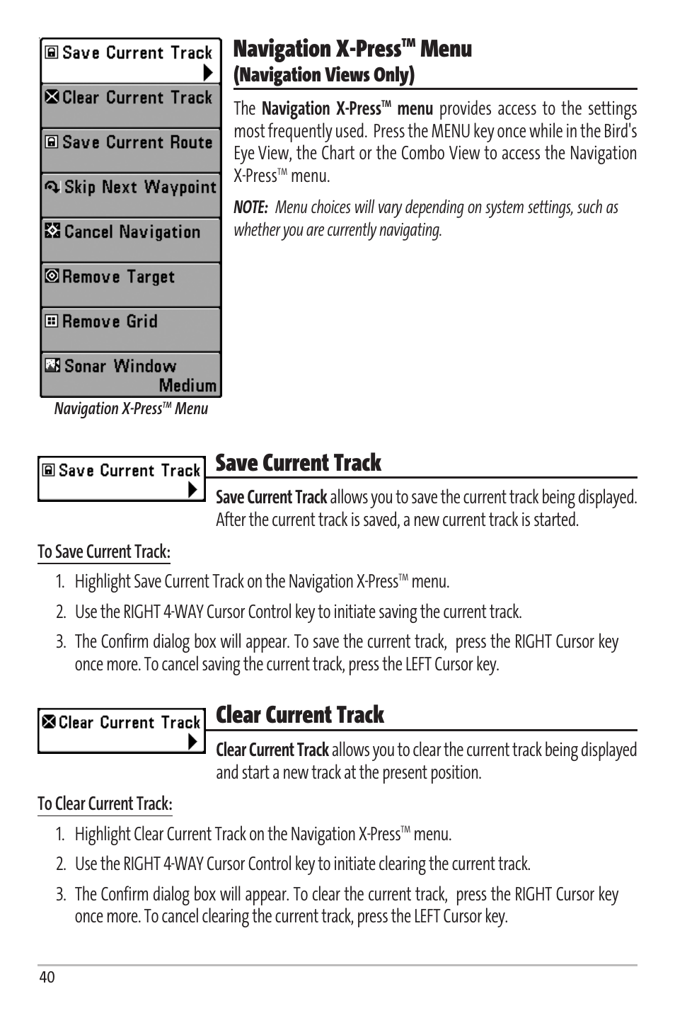 Navigation x-press, Menu, Save current track | Clear current track, Navigation views only) | Humminbird Matrix 67 User Manual | Page 46 / 88