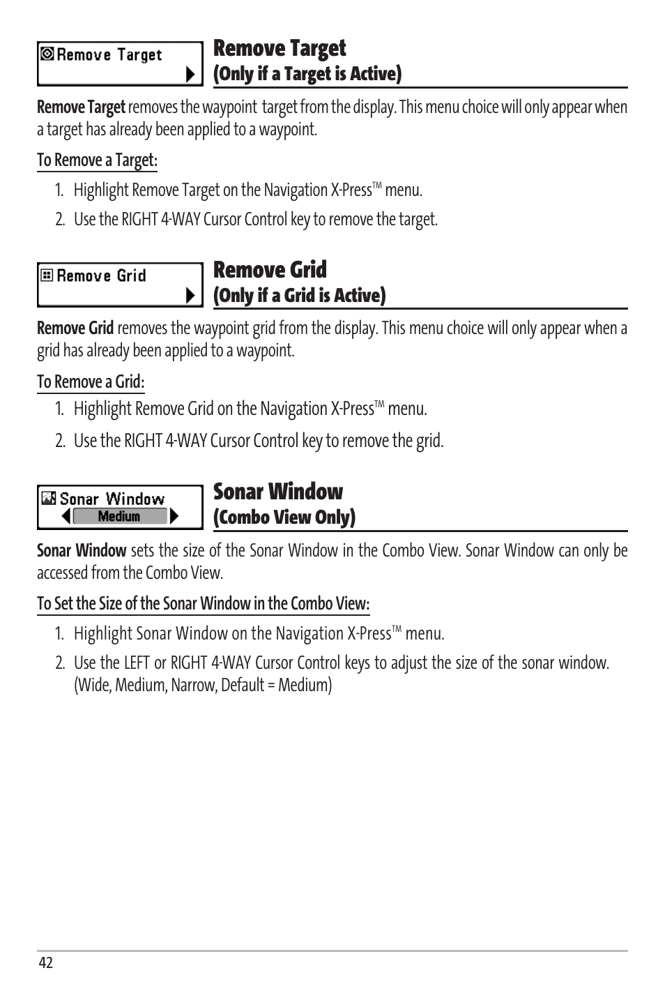 Remove target, Remove grid, Sonar window | Humminbird Matrix 67 User Manual | Page 48 / 88