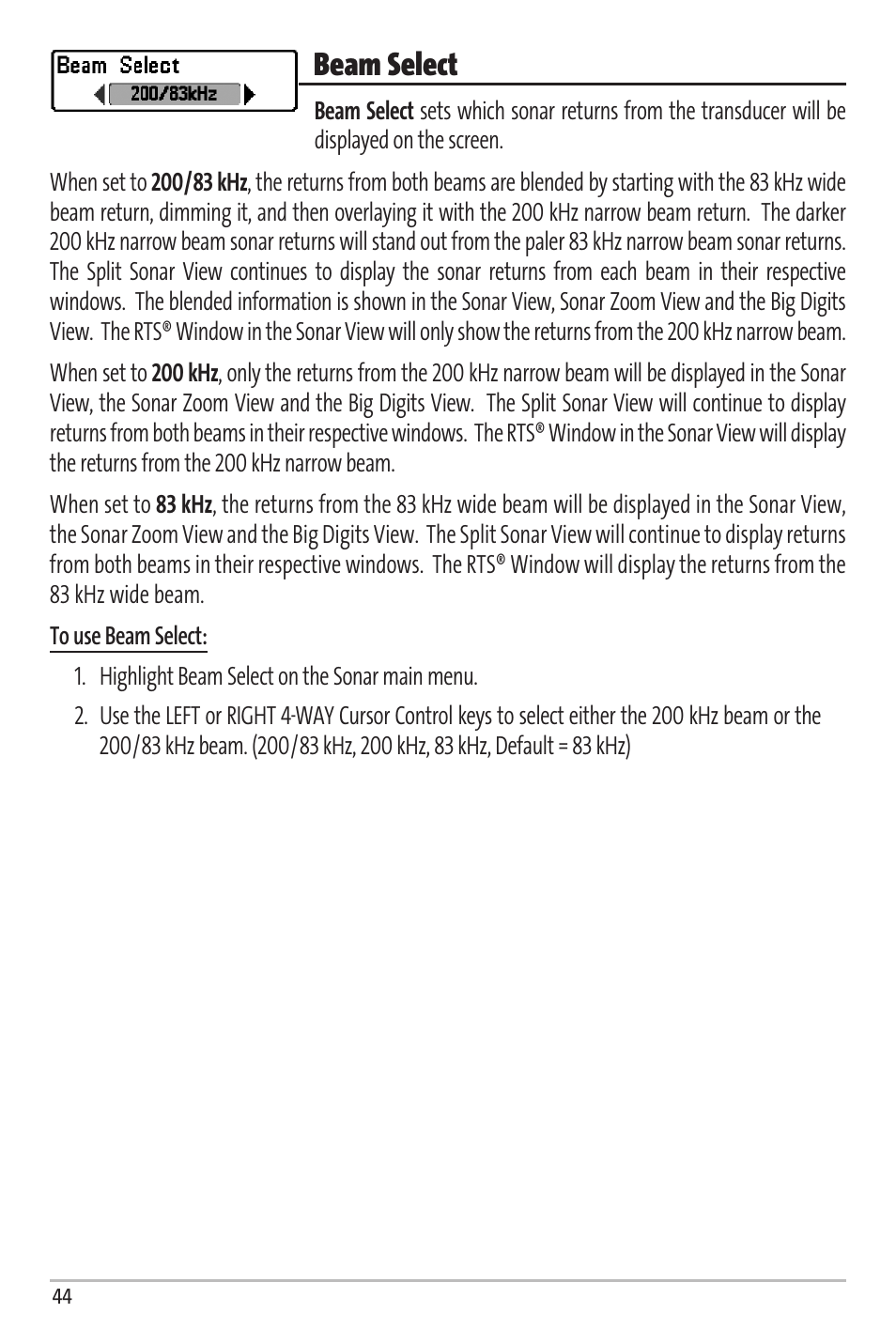 Beam select | Humminbird Matrix 67 User Manual | Page 50 / 88