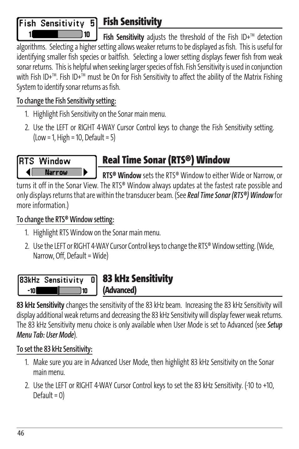 Fish sensitivity, Real time sonar (rts®) window, 83 khz sensitivity | Humminbird Matrix 67 User Manual | Page 52 / 88