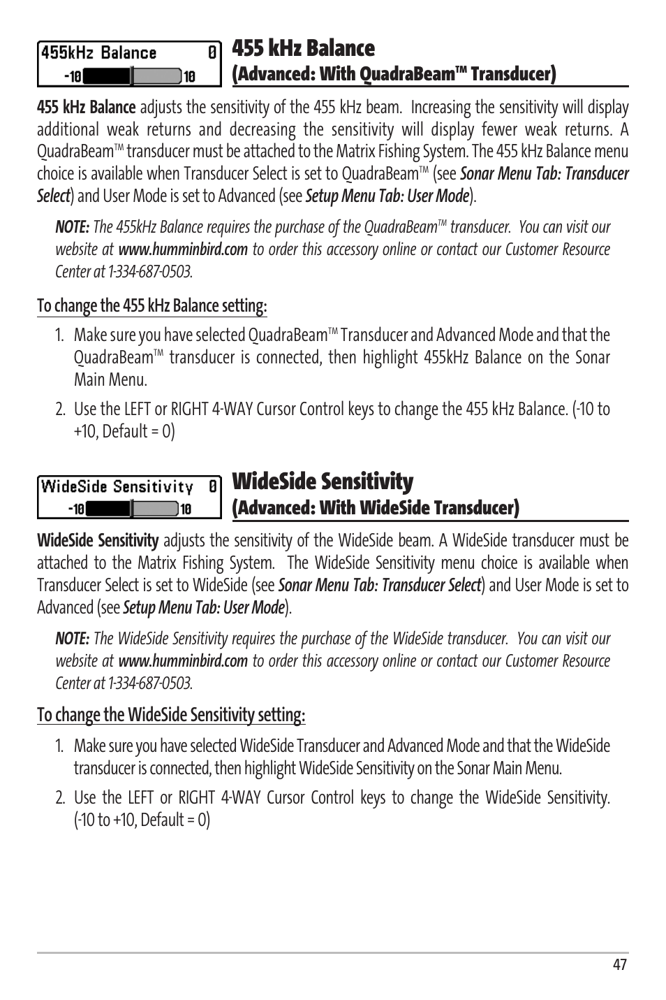 455 khz balance, Wideside sensitivity, Advanced: with quadrabeam | Transducer), Advanced: with wideside transducer) | Humminbird Matrix 67 User Manual | Page 53 / 88