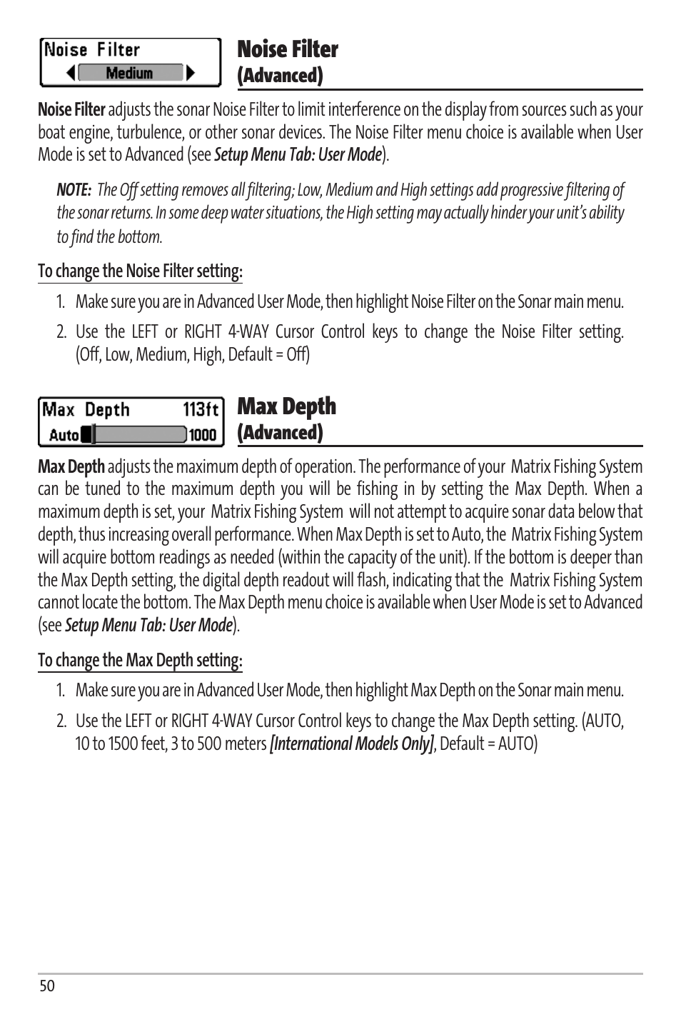 Noise filter, Max depth | Humminbird Matrix 67 User Manual | Page 56 / 88