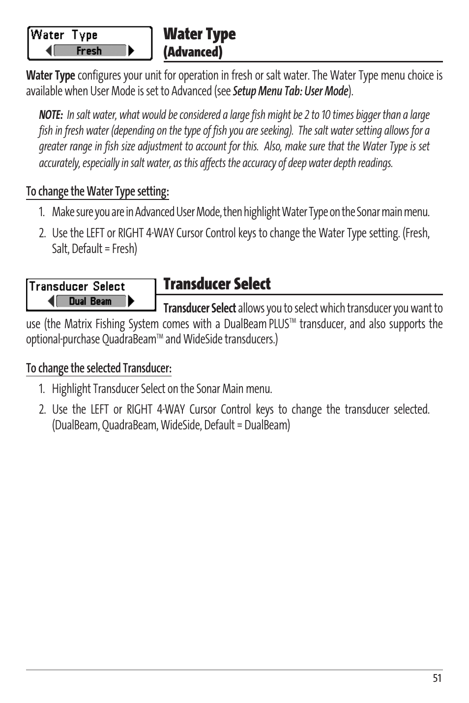 Water type, Transducer select | Humminbird Matrix 67 User Manual | Page 57 / 88