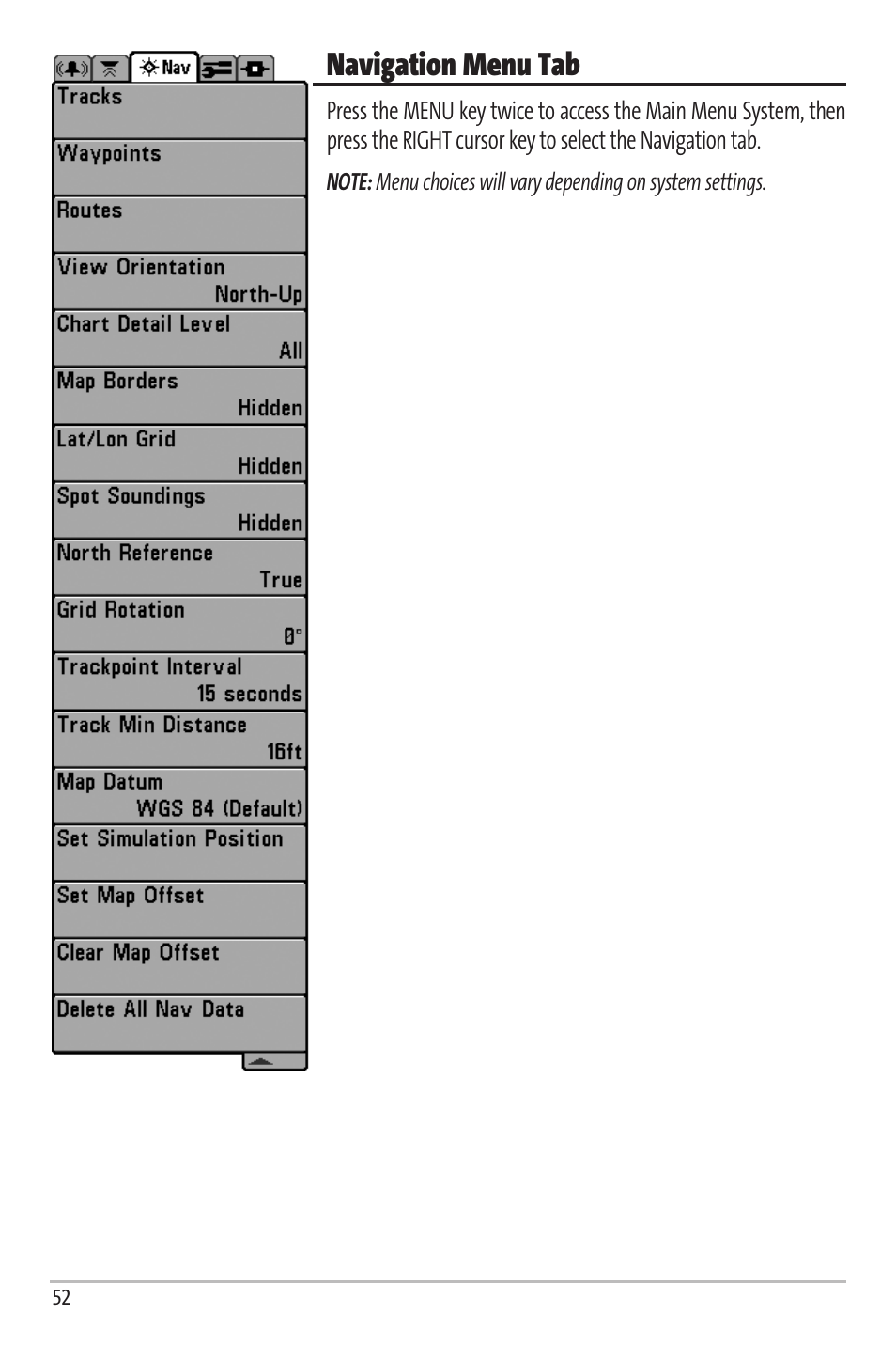 Navigation menu tab | Humminbird Matrix 67 User Manual | Page 58 / 88