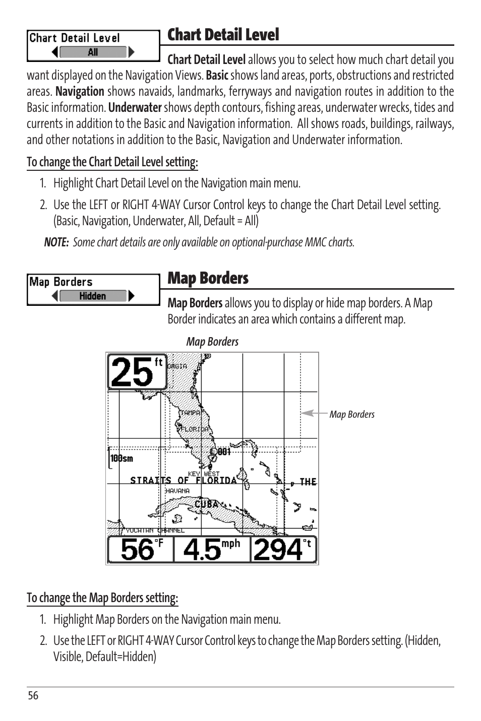 Chart detail level, Map borders | Humminbird Matrix 67 User Manual | Page 62 / 88