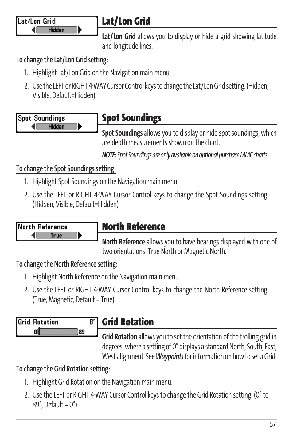 Lat/lon grid, Spot soundings, North reference | Grid rotation | Humminbird Matrix 67 User Manual | Page 63 / 88