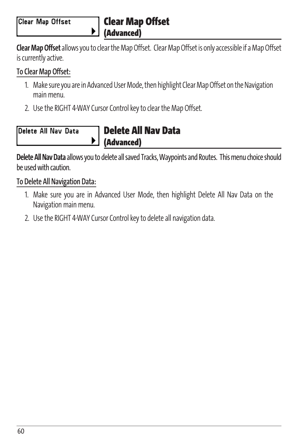 Clear map offset, Delete all nav data | Humminbird Matrix 67 User Manual | Page 66 / 88