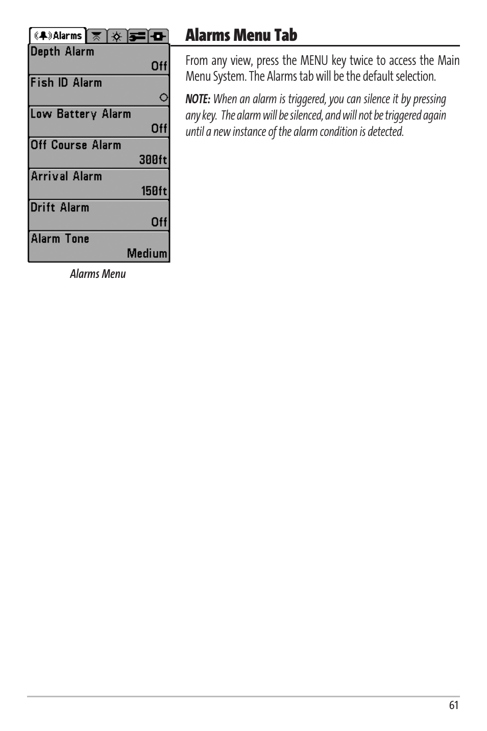 Alarms menu tab | Humminbird Matrix 67 User Manual | Page 67 / 88