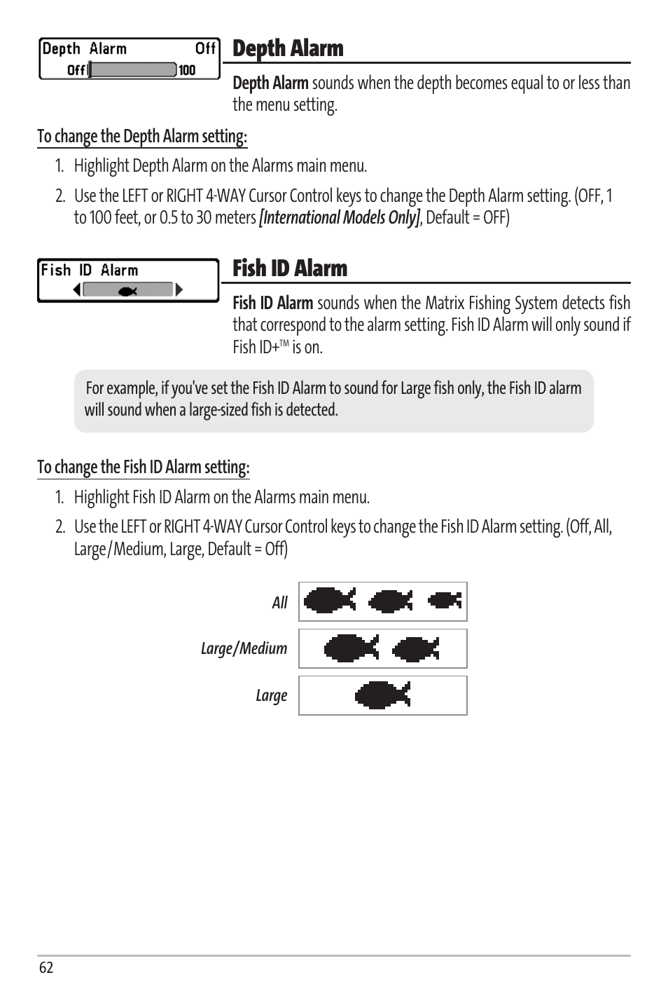Depth alarm, Fish id alarm | Humminbird Matrix 67 User Manual | Page 68 / 88