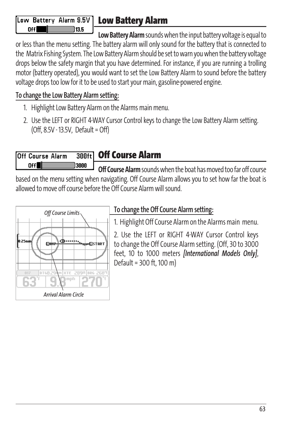 Low battery alarm, Off course alarm | Humminbird Matrix 67 User Manual | Page 69 / 88