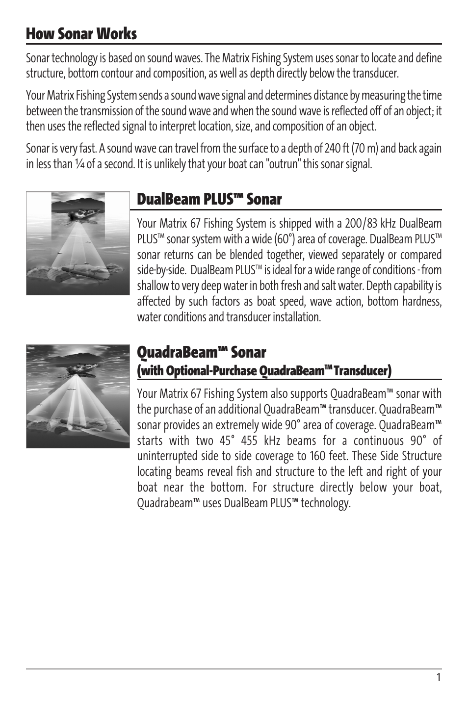 How sonar works, Dualbeam plus™ sonar, Quadrabeam™ sonar | With optional-purchase quadrabeam, Transducer) | Humminbird Matrix 67 User Manual | Page 7 / 88
