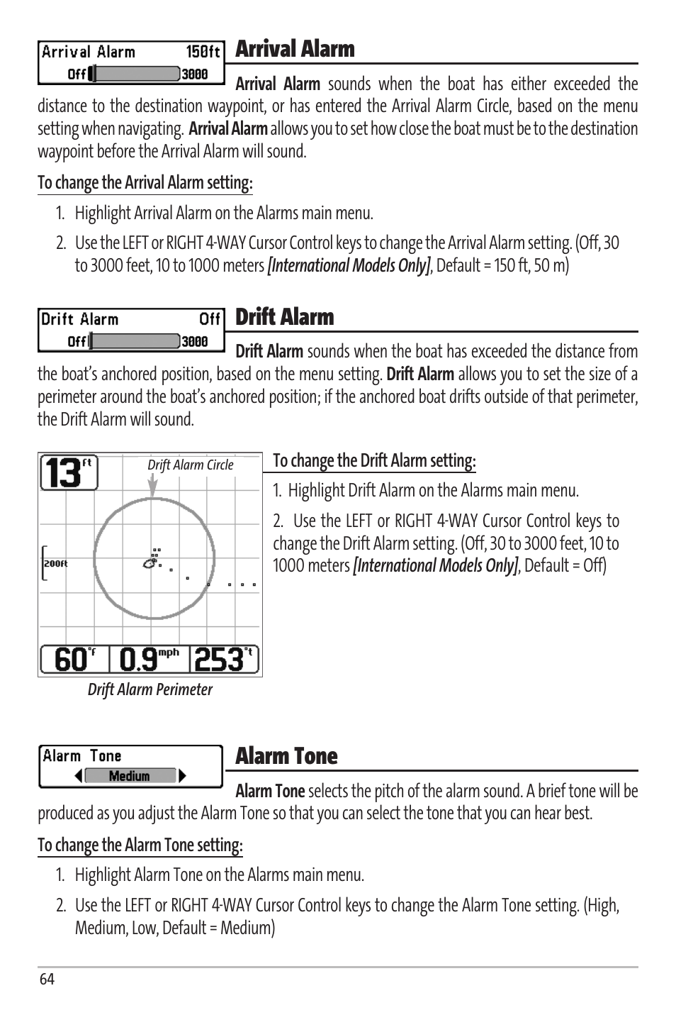 Arrival alarm, Drift alarm, Alarm tone | Humminbird Matrix 67 User Manual | Page 70 / 88