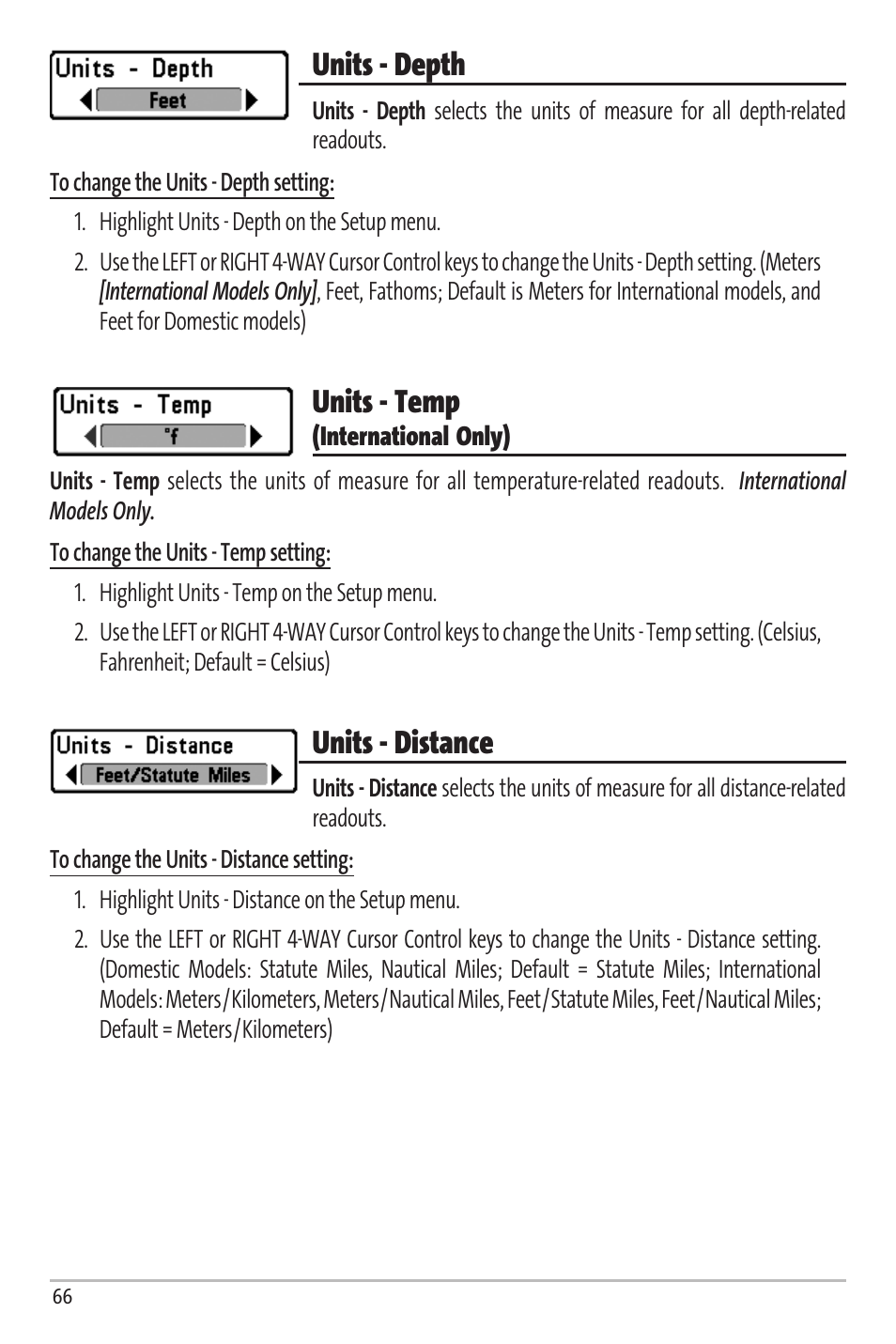 Units - depth, Units - temp, Units - distance | Humminbird Matrix 67 User Manual | Page 72 / 88