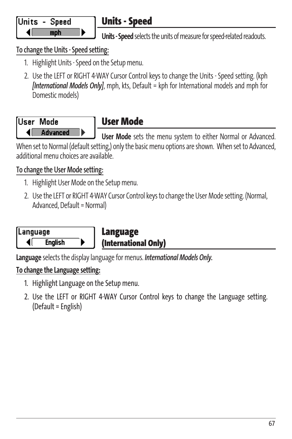 Units - speed, User mode, Language | Humminbird Matrix 67 User Manual | Page 73 / 88