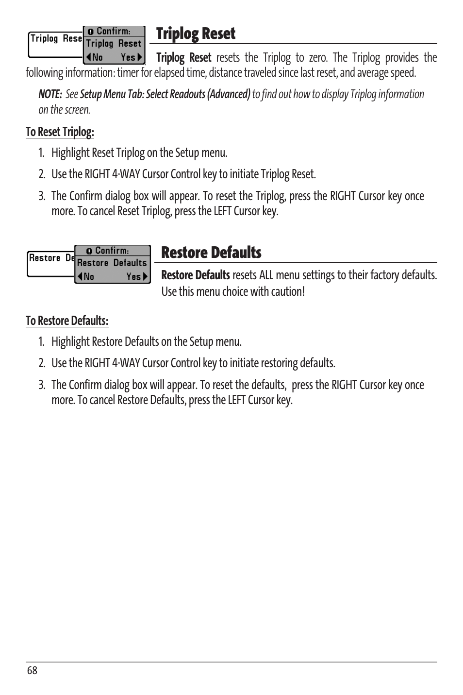 Triplog reset, Restore defaults | Humminbird Matrix 67 User Manual | Page 74 / 88