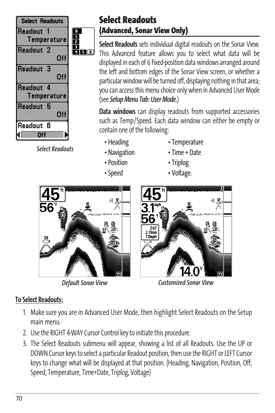Select readouts | Humminbird Matrix 67 User Manual | Page 76 / 88