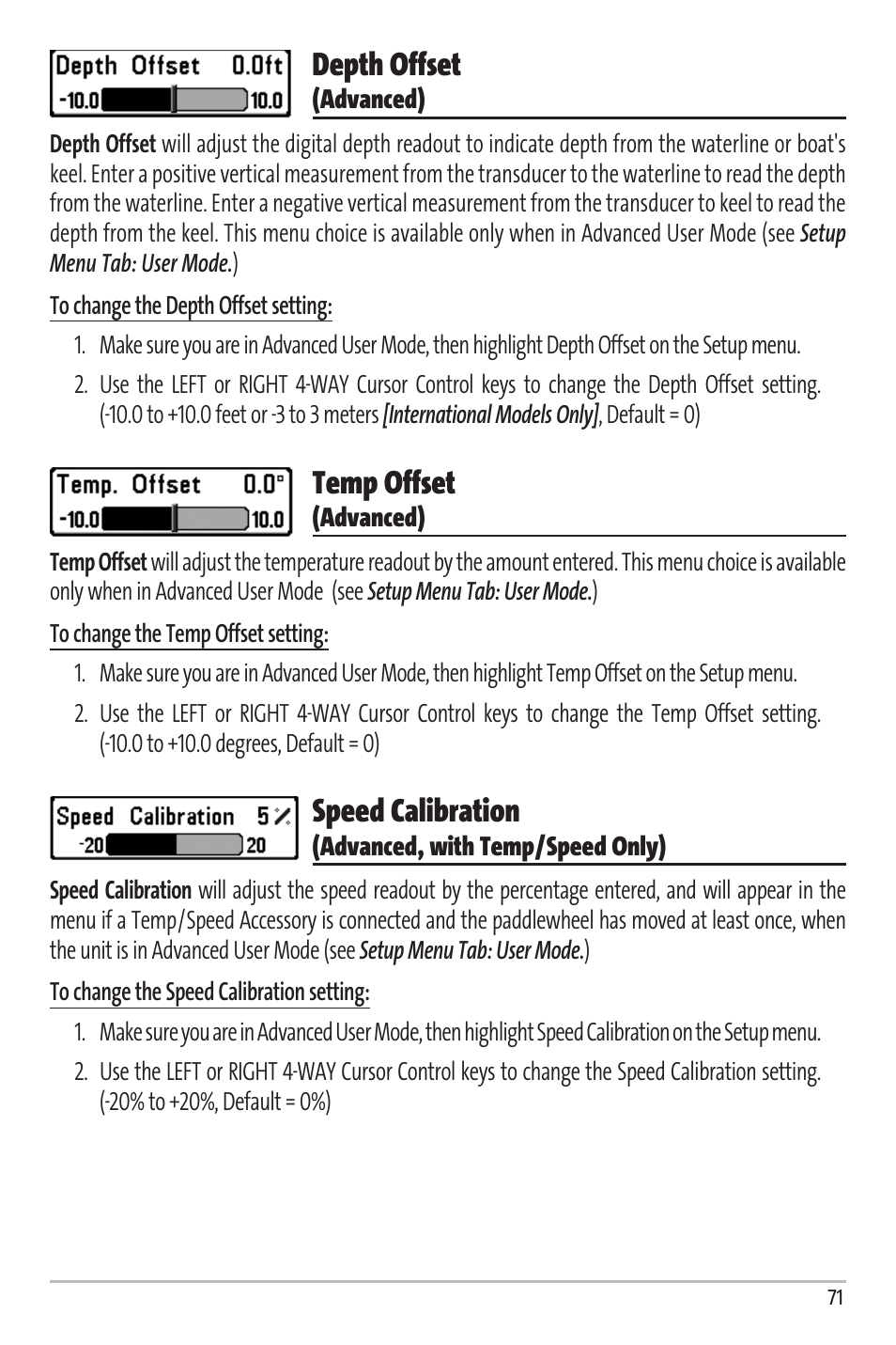 Depth offset, Temp offset, Speed calibration | Humminbird Matrix 67 User Manual | Page 77 / 88