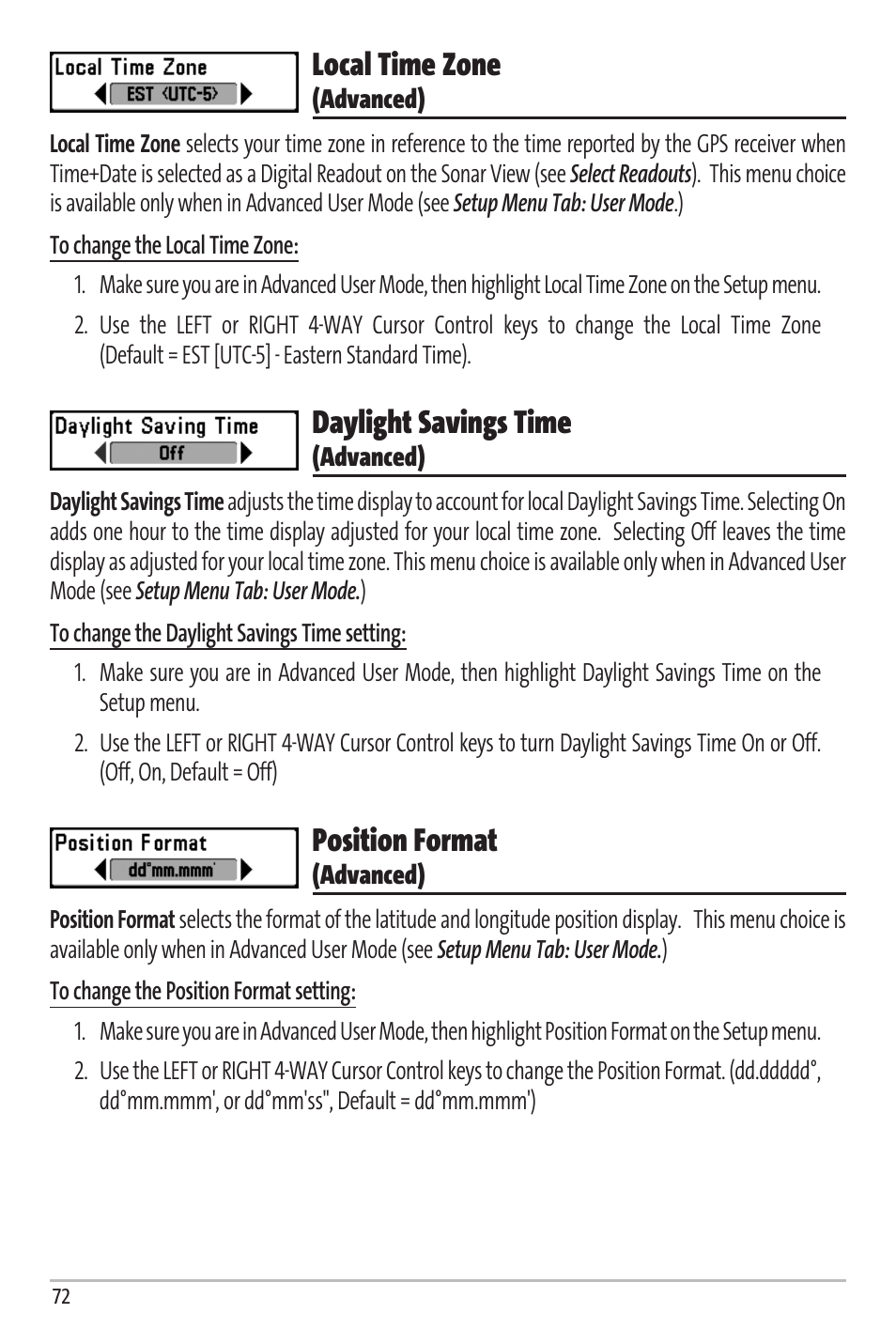 Local time zone, Daylight savings time, Position format | Humminbird Matrix 67 User Manual | Page 78 / 88