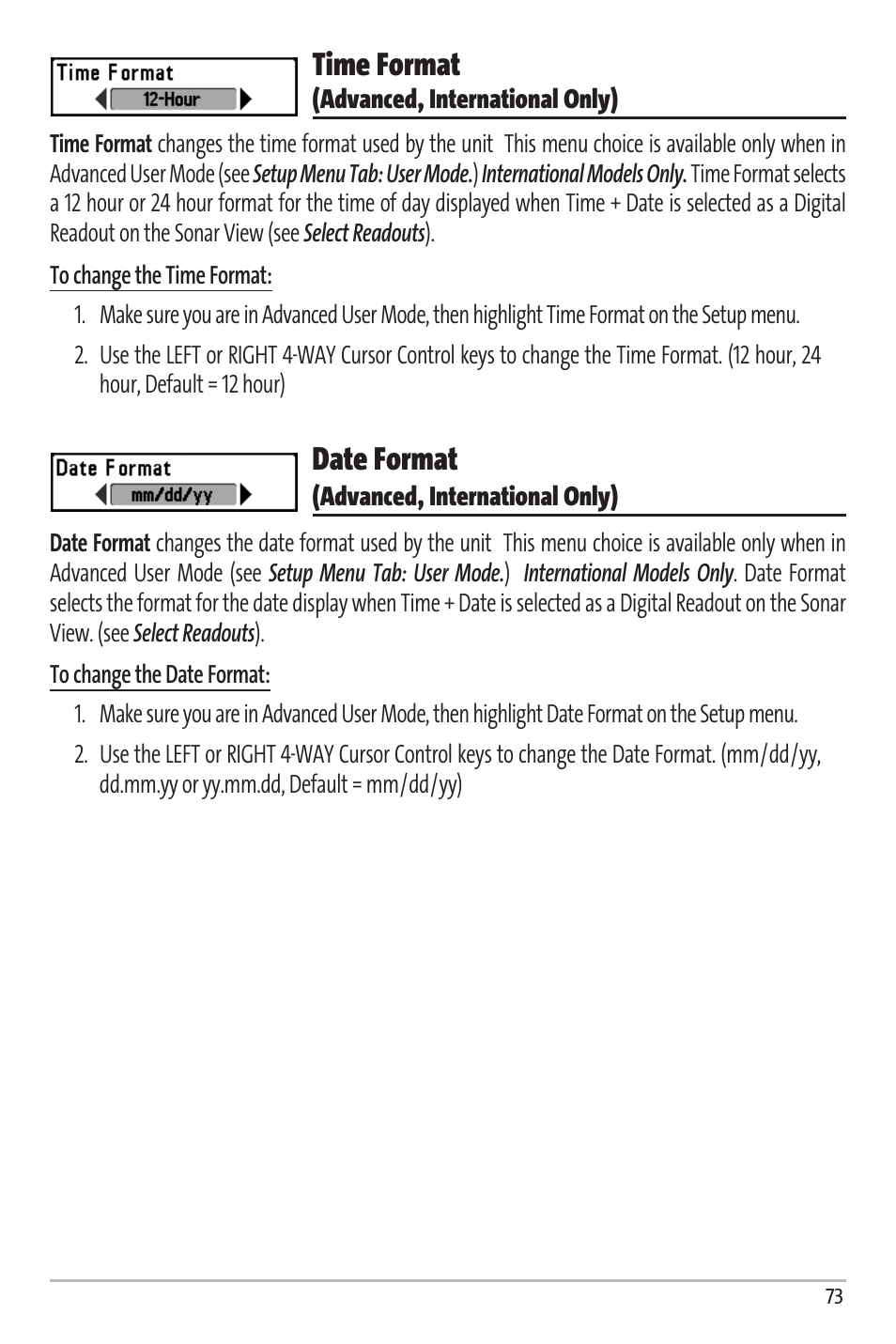 Time format, Date format | Humminbird Matrix 67 User Manual | Page 79 / 88